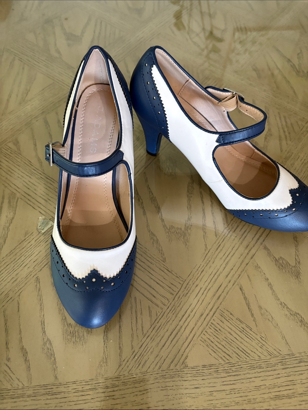 Navy and White Mary Jane Heels with Decorative Brogue Trim